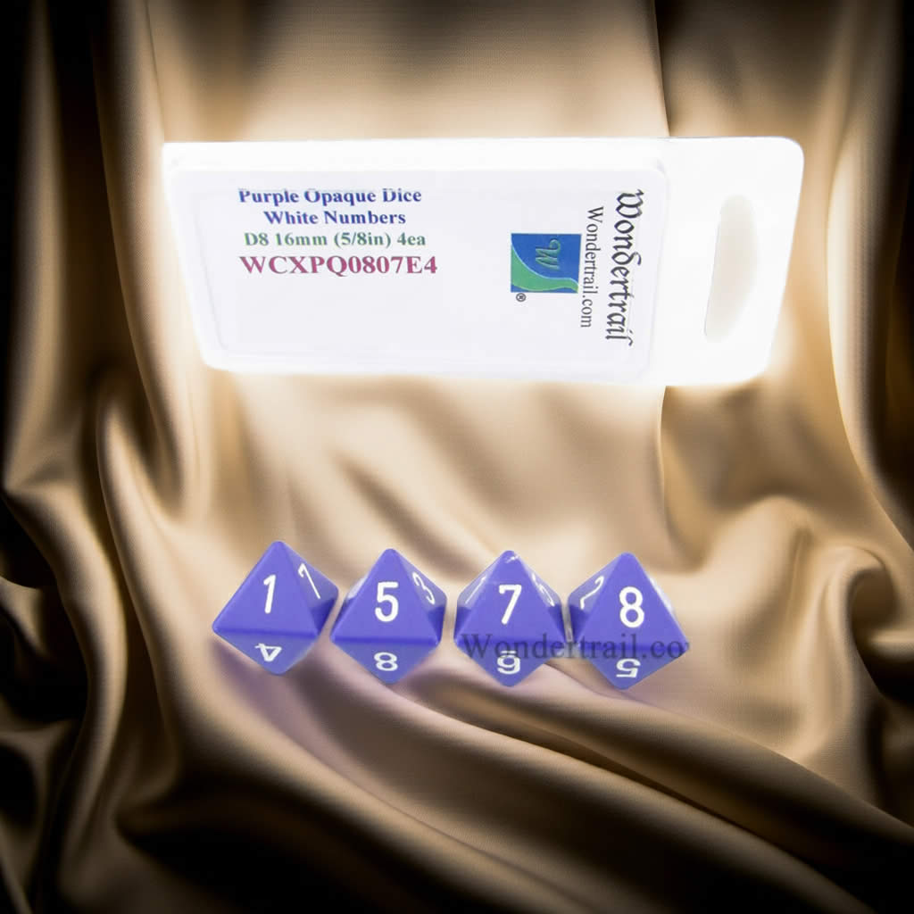 WCXPQ0807E4 Purple Opaque Dice with White Numbers D8 Aprox 16mm (5/8in) Pack of 4 Dice