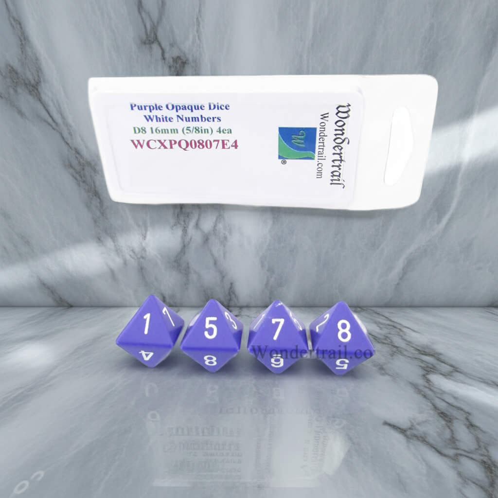 WCXPQ0807E4 Purple Opaque Dice with White Numbers D8 Aprox 16mm (5/8in) Pack of 4 Dice
