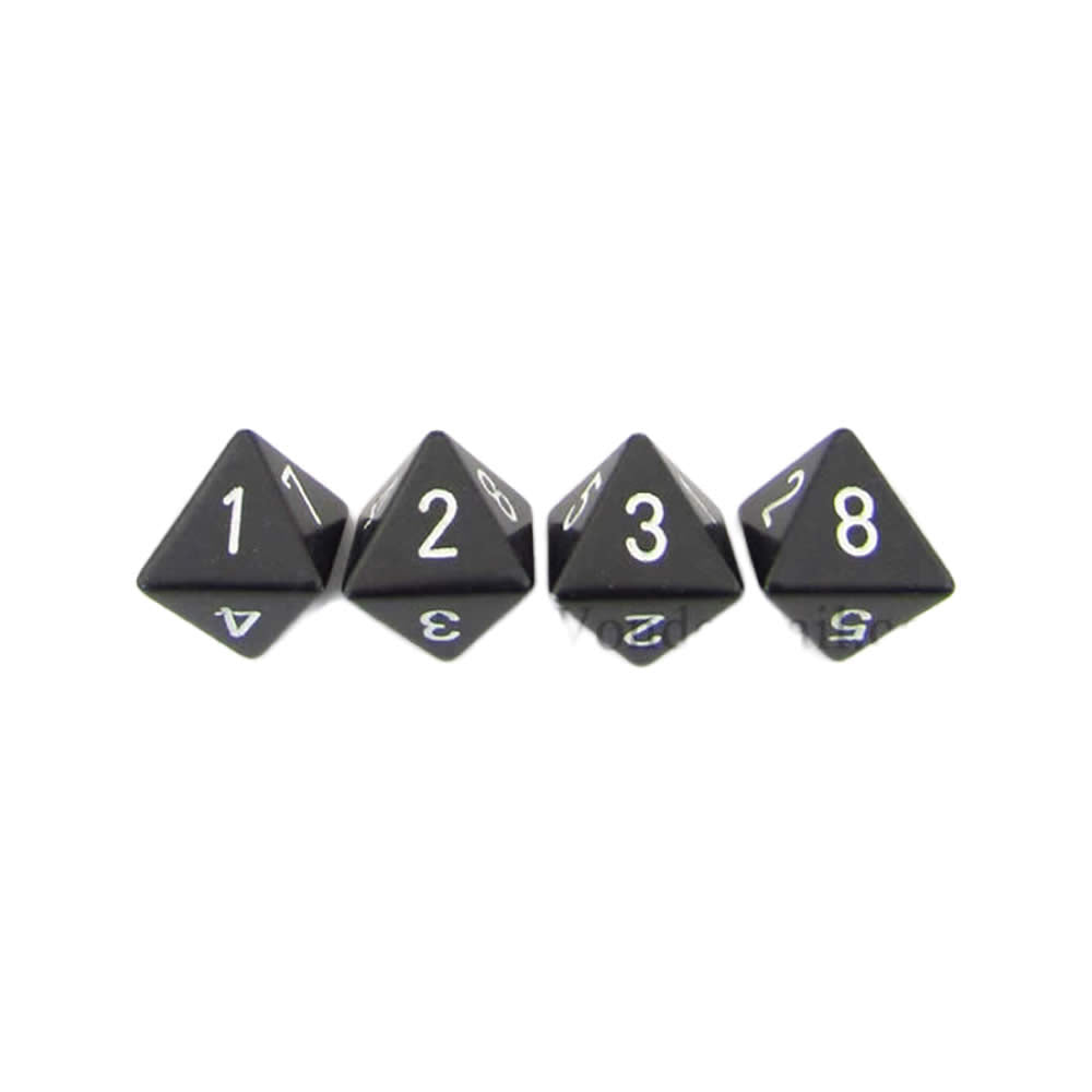 WCXPQ0808E4 Black Opaque Dice with White Numbers D8 Aprox 16mm (5/8in) Pack of 4 Dice