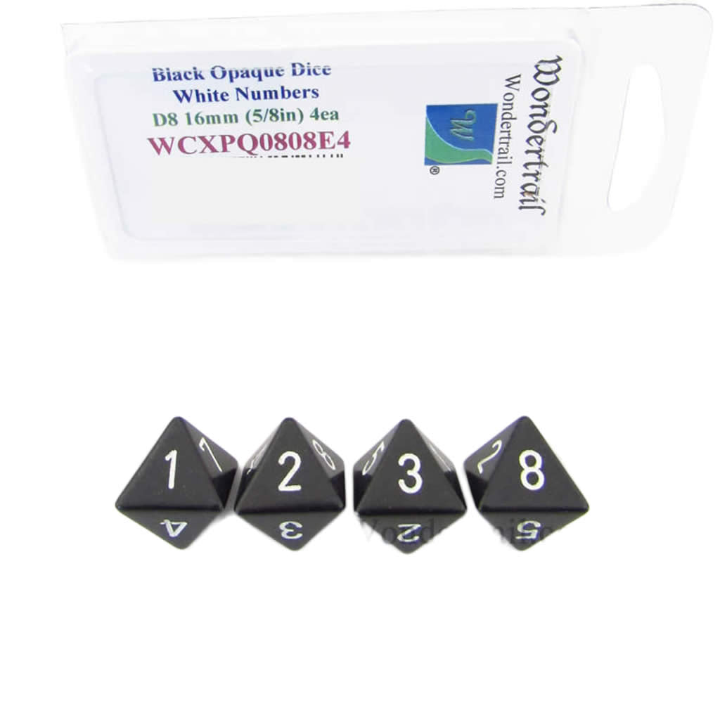 WCXPQ0808E4 Black Opaque Dice with White Numbers D8 Aprox 16mm (5/8in) Pack of 4 Dice