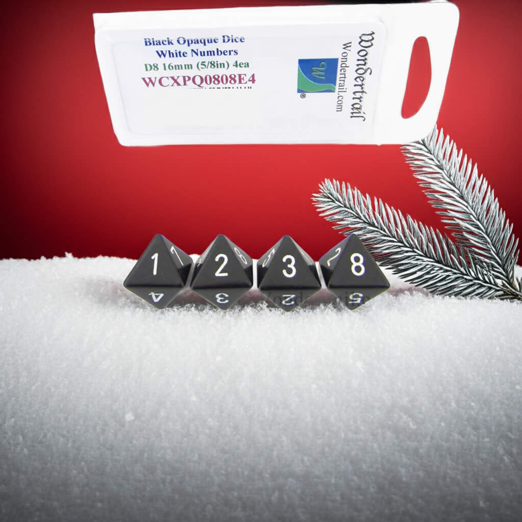 WCXPQ0808E4 Black Opaque Dice with White Numbers D8 Aprox 16mm (5/8in) Pack of 4 Dice