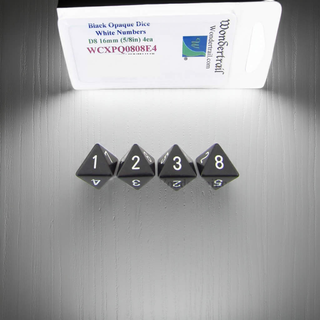 WCXPQ0808E4 Black Opaque Dice with White Numbers D8 Aprox 16mm (5/8in) Pack of 4 Dice