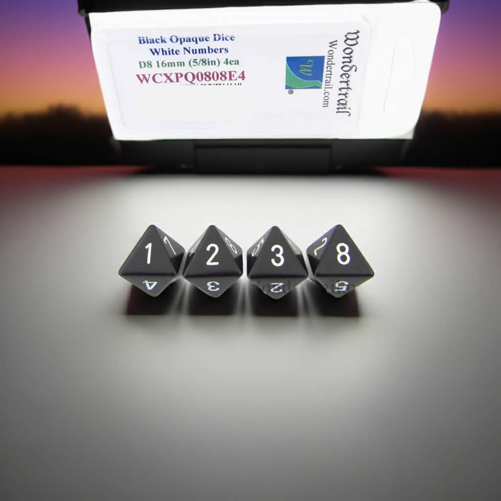 WCXPQ0808E4 Black Opaque Dice with White Numbers D8 Aprox 16mm (5/8in) Pack of 4 Dice