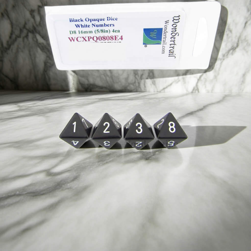 WCXPQ0808E4 Black Opaque Dice with White Numbers D8 Aprox 16mm (5/8in) Pack of 4 Dice