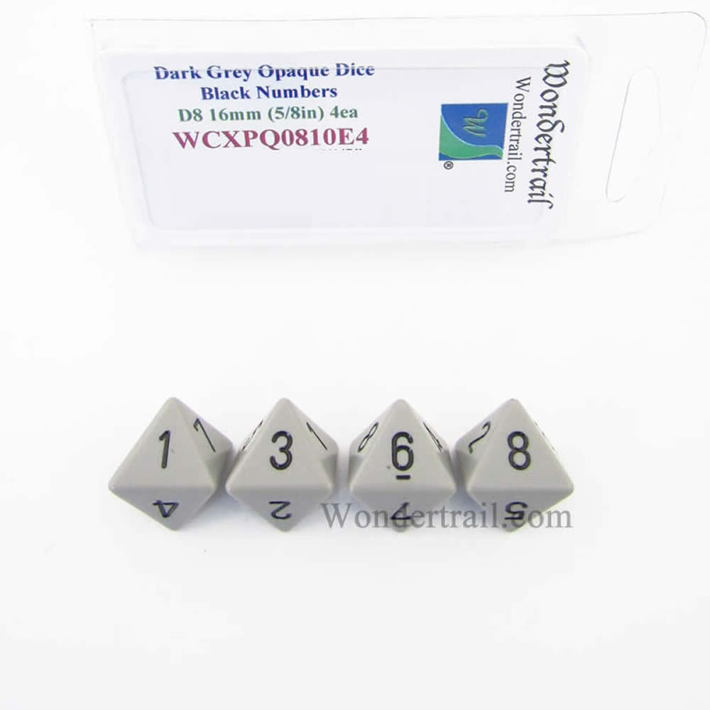 WCXPQ0810E4 Dark Grey Opaque Dice with Black Numbers D8 Aprox 16mm (5/8in) Pack of 4 Dice