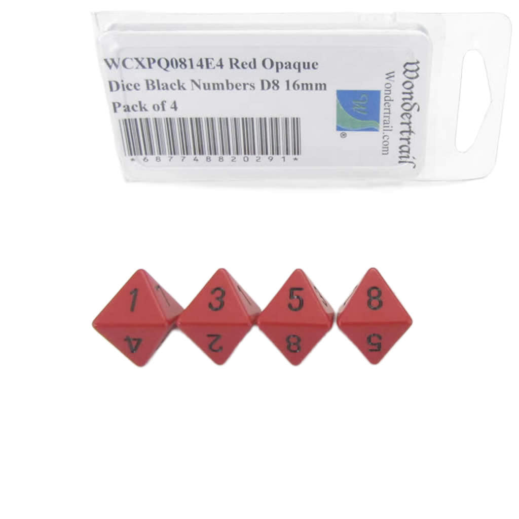 WCXPQ0814E4 Red Opaque Dice with Black Numbers D8 Aprox 16mm (5/8in) Pack of 4 Dice