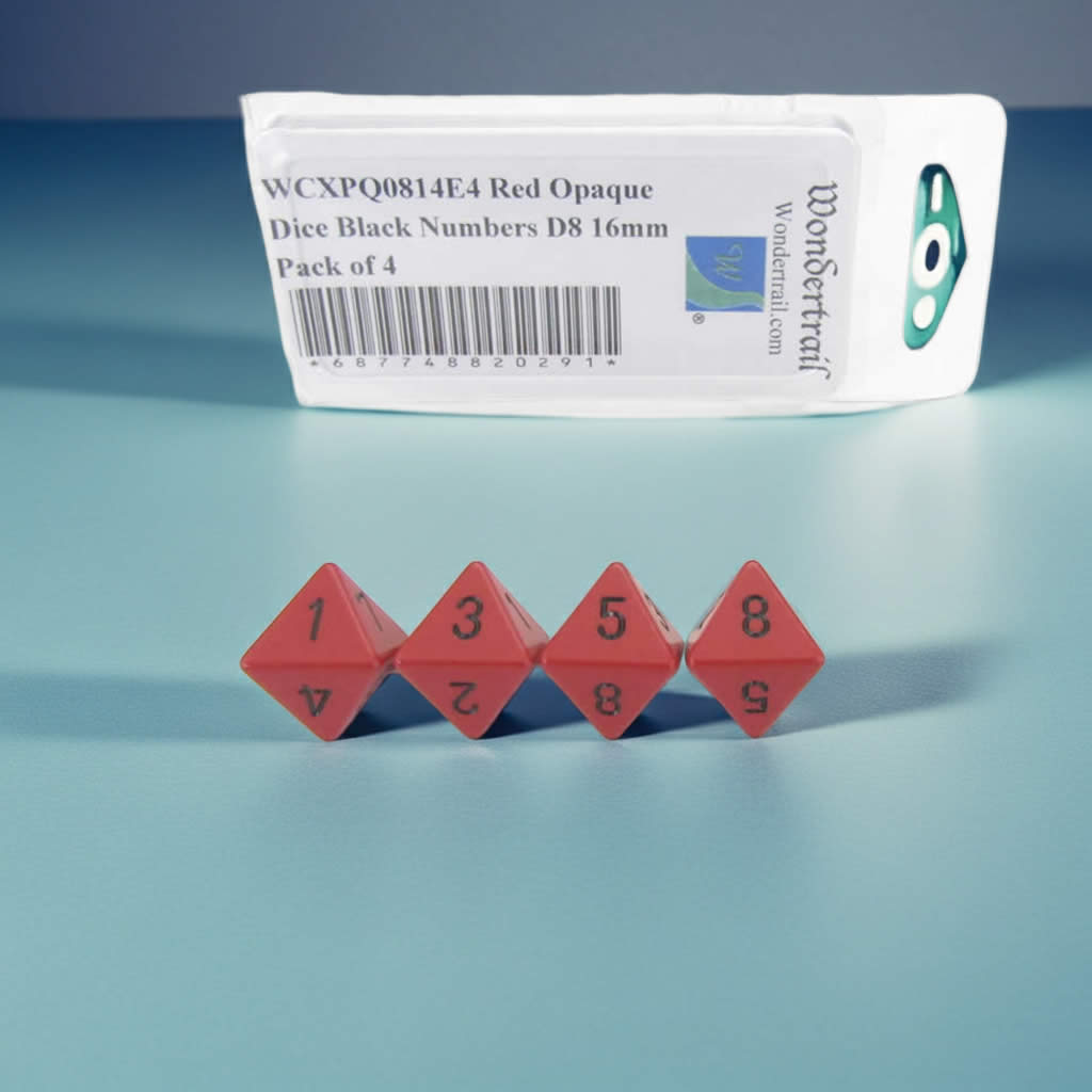 WCXPQ0814E4 Red Opaque Dice with Black Numbers D8 Aprox 16mm (5/8in) Pack of 4 Dice