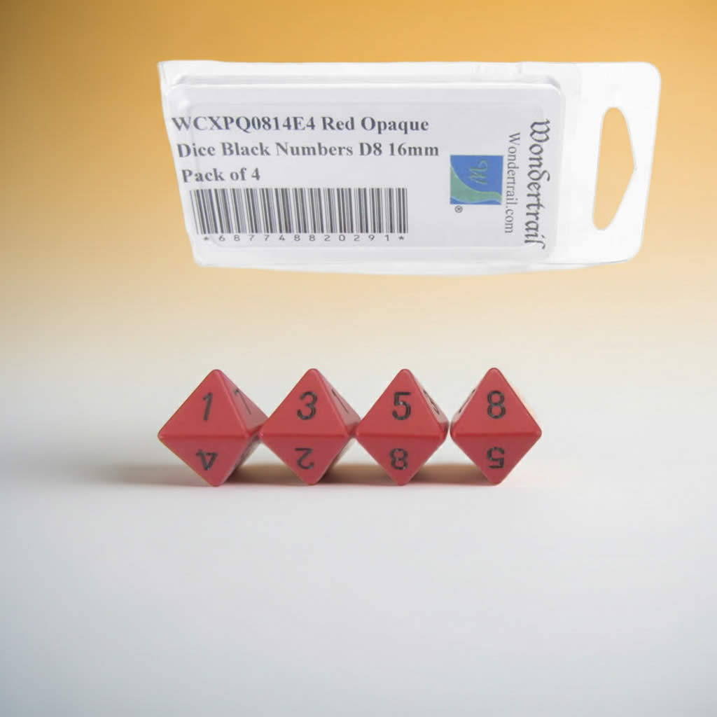WCXPQ0814E4 Red Opaque Dice with Black Numbers D8 Aprox 16mm (5/8in) Pack of 4 Dice