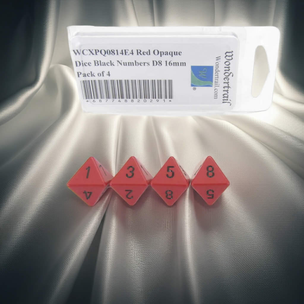 WCXPQ0814E4 Red Opaque Dice with Black Numbers D8 Aprox 16mm (5/8in) Pack of 4 Dice