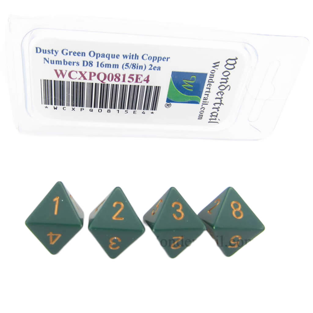 WCXPQ0815E4 Dusty Green Opaque Dice with Copper Numbers D8 Aprox 16mm (5/8in) Pack of 4 Dice