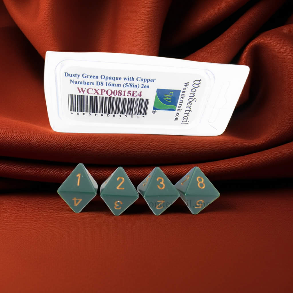 WCXPQ0815E4 Dusty Green Opaque Dice with Copper Numbers D8 Aprox 16mm (5/8in) Pack of 4 Dice