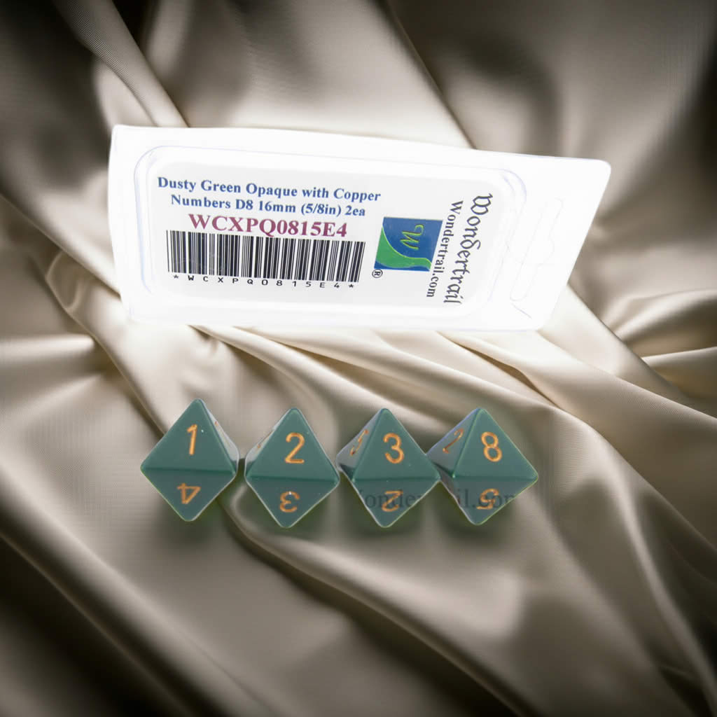 WCXPQ0815E4 Dusty Green Opaque Dice with Copper Numbers D8 Aprox 16mm (5/8in) Pack of 4 Dice