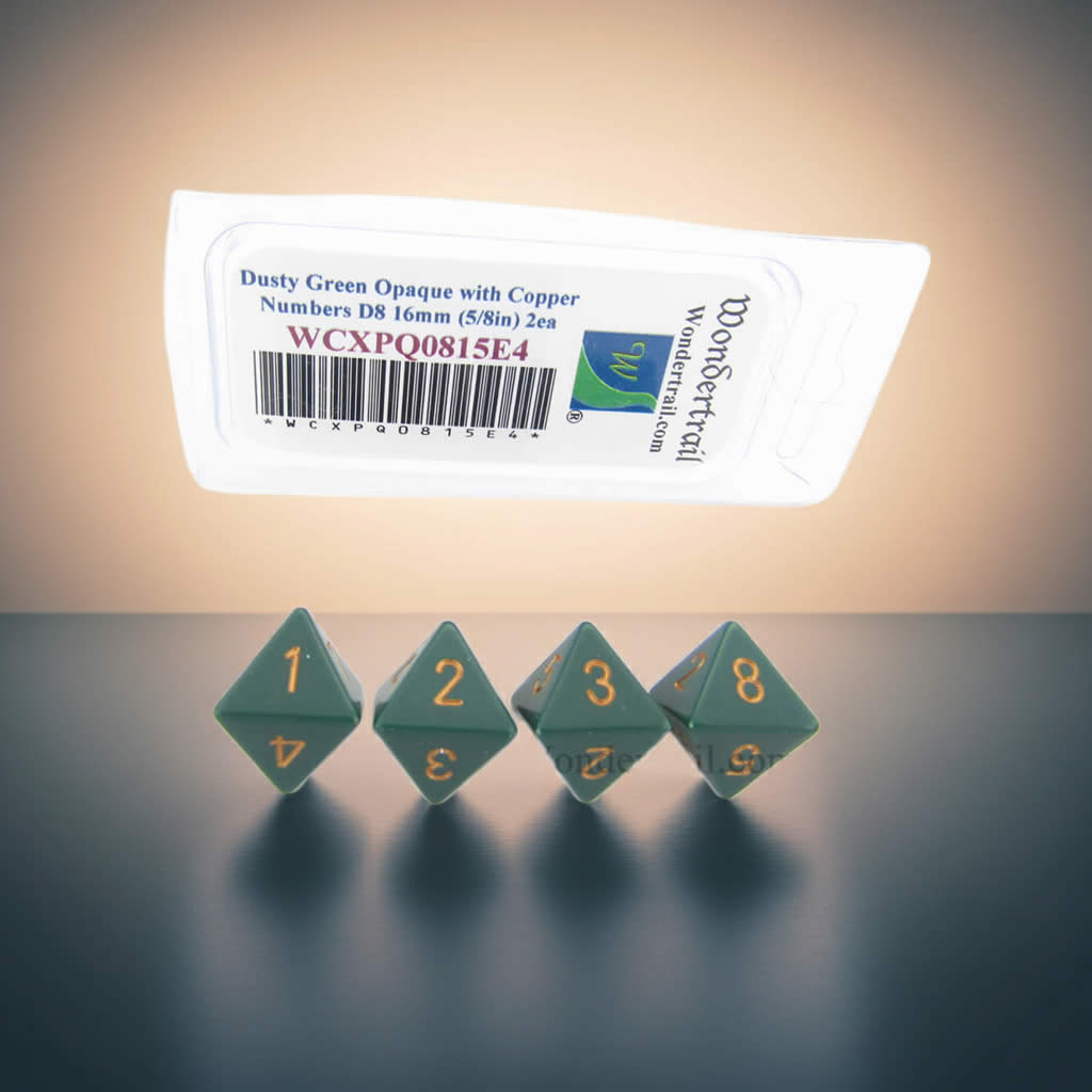 WCXPQ0815E4 Dusty Green Opaque Dice with Copper Numbers D8 Aprox 16mm (5/8in) Pack of 4 Dice