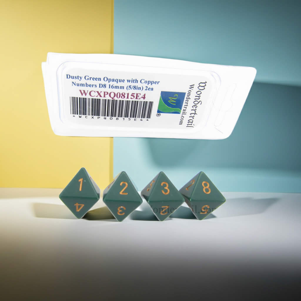 WCXPQ0815E4 Dusty Green Opaque Dice with Copper Numbers D8 Aprox 16mm (5/8in) Pack of 4 Dice
