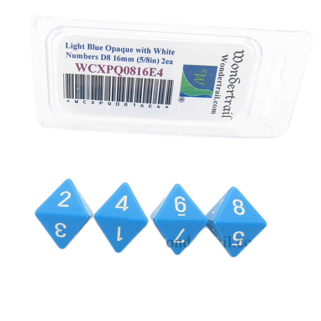 WCXPQ0816E4 Light Blue Opaque Dice with White Numbers D8 Aprox 16mm (5/8in) Pack of 4 Dice