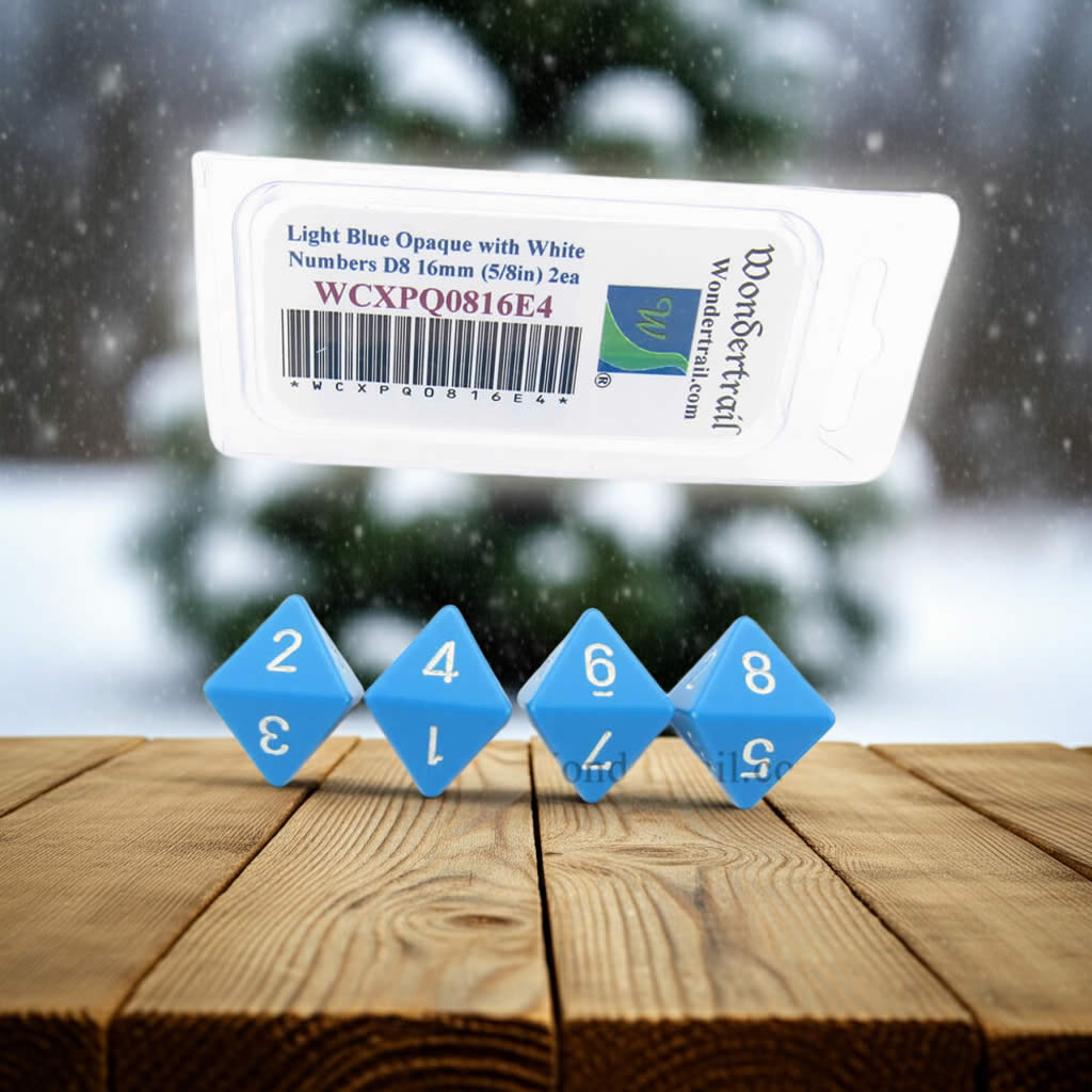 WCXPQ0816E4 Light Blue Opaque Dice with White Numbers D8 Aprox 16mm (5/8in) Pack of 4 Dice