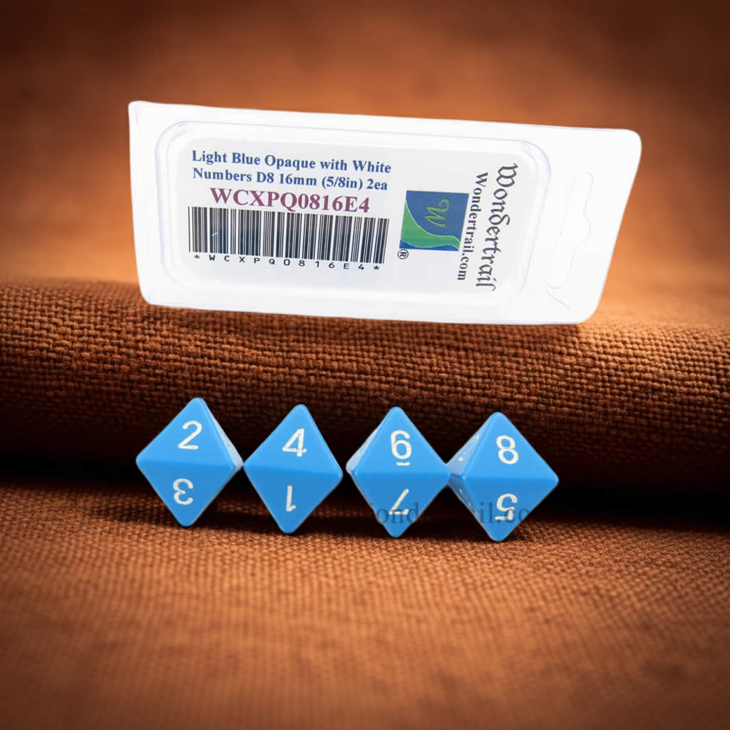 WCXPQ0816E4 Light Blue Opaque Dice with White Numbers D8 Aprox 16mm (5/8in) Pack of 4 Dice