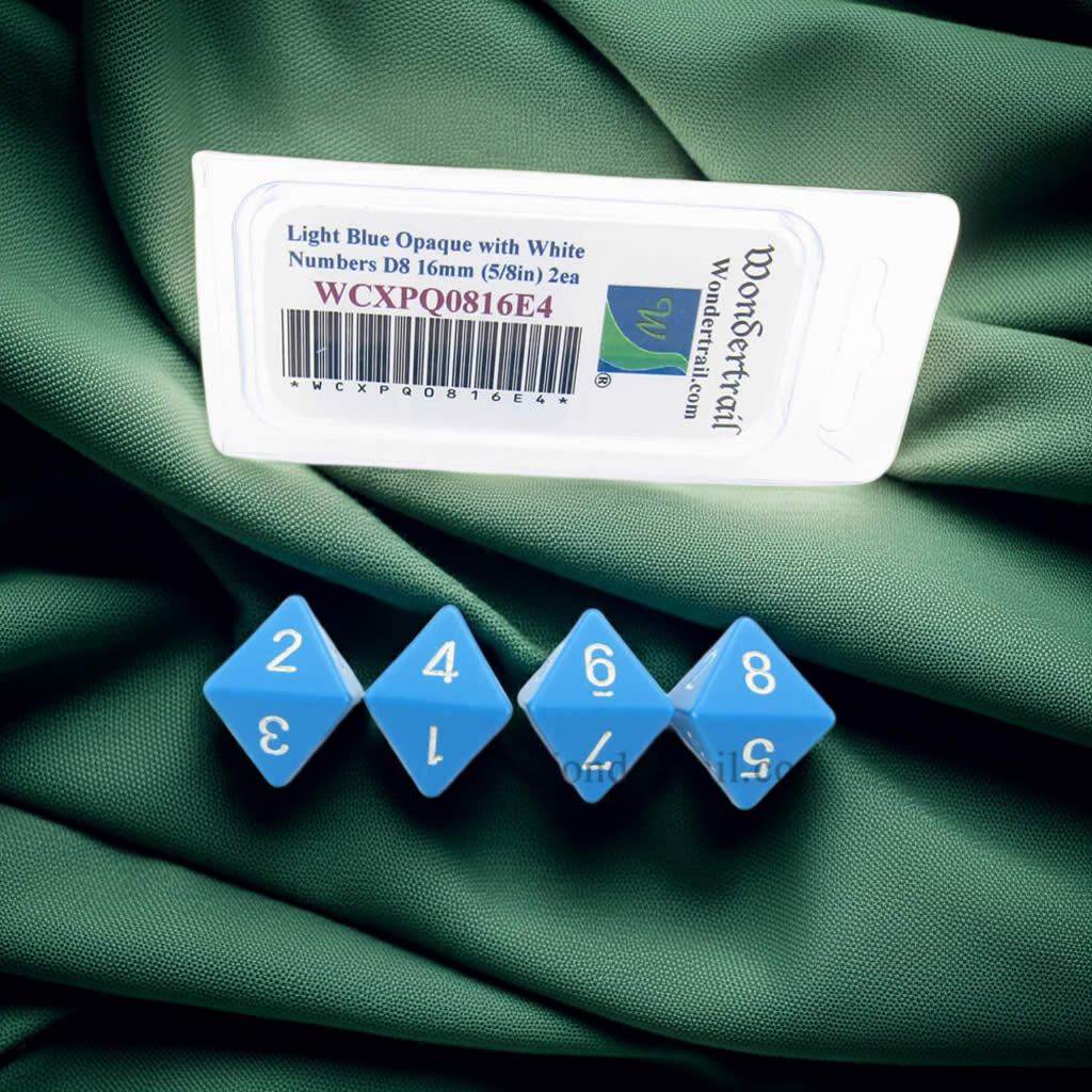 WCXPQ0816E4 Light Blue Opaque Dice with White Numbers D8 Aprox 16mm (5/8in) Pack of 4 Dice