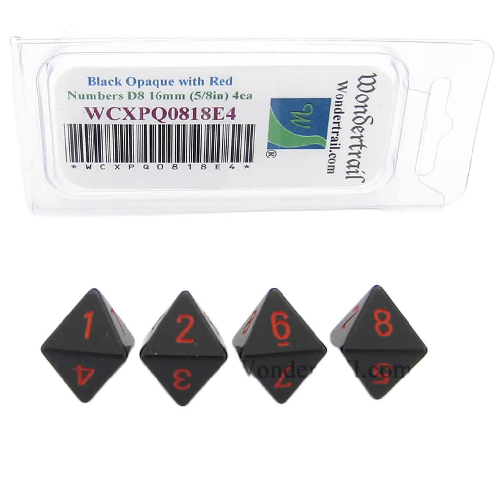 WCXPQ0818E4 Black Opaque Dice with Red Numbers D8 Aprox 16mm (5/8in) Pack of 4 Dice