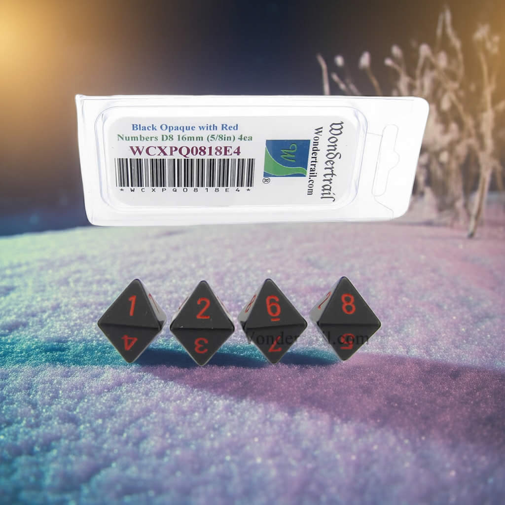 WCXPQ0818E4 Black Opaque Dice with Red Numbers D8 Aprox 16mm (5/8in) Pack of 4 Dice
