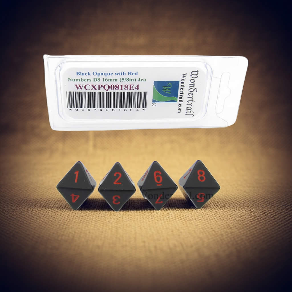 WCXPQ0818E4 Black Opaque Dice with Red Numbers D8 Aprox 16mm (5/8in) Pack of 4 Dice