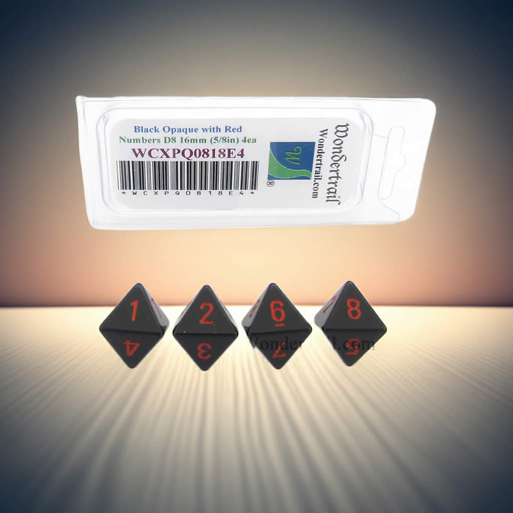 WCXPQ0818E4 Black Opaque Dice with Red Numbers D8 Aprox 16mm (5/8in) Pack of 4 Dice