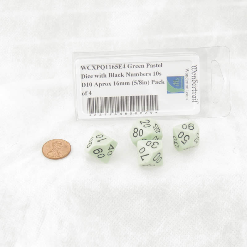 WCXPQ1165E4 Green Pastel Dice with Black Numbers 10s D10 Aprox 16mm (5/8in) Pack of 4