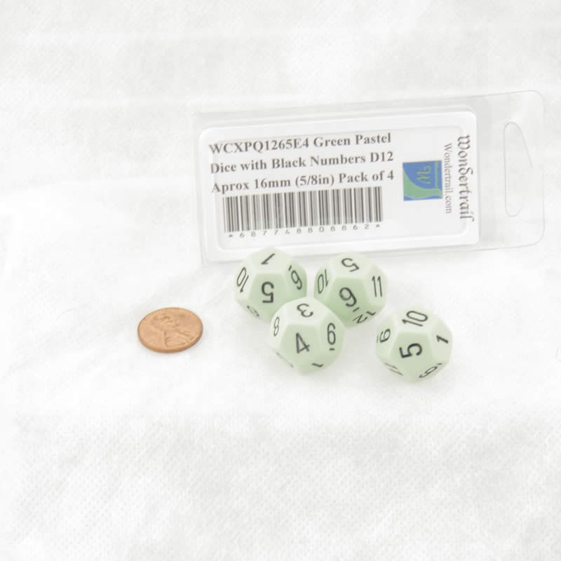 WCXPQ1265E4 Green Pastel Dice with Black Numbers D12 Aprox 16mm (5/8in) Pack of 4