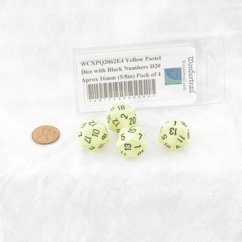 WCXPQ2062E4 Yellow Pastel Dice with Black Numbers D20 Aprox 16mm (5/8in) Pack of 4