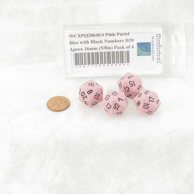 WCXPQ2064E4 Pink Pastel Dice with Black Numbers D20 Aprox 16mm (5/8in) Pack of 4