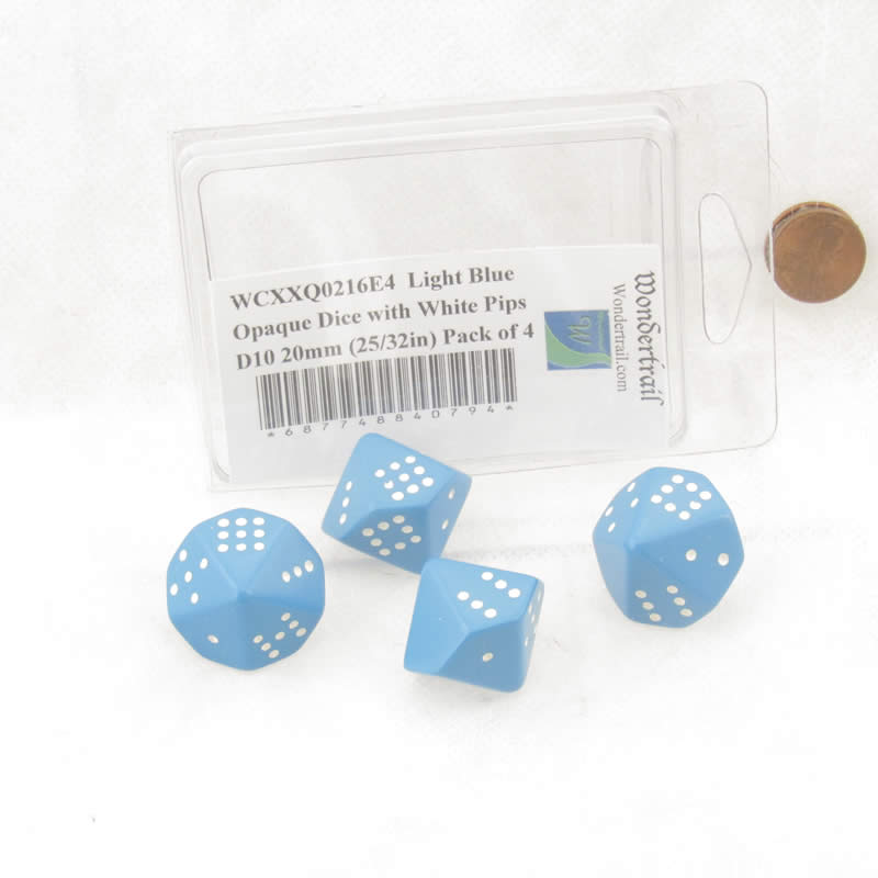 WCXXQ0216E4 Light Blue Opaque Dice with White Pips D10 20mm (25/32in) Pack of 4