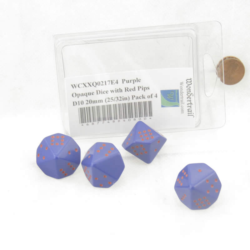 WCXXQ0217E4 Purple Opaque Dice with Red Pips D10 20mm (25/32in) Pack of 4