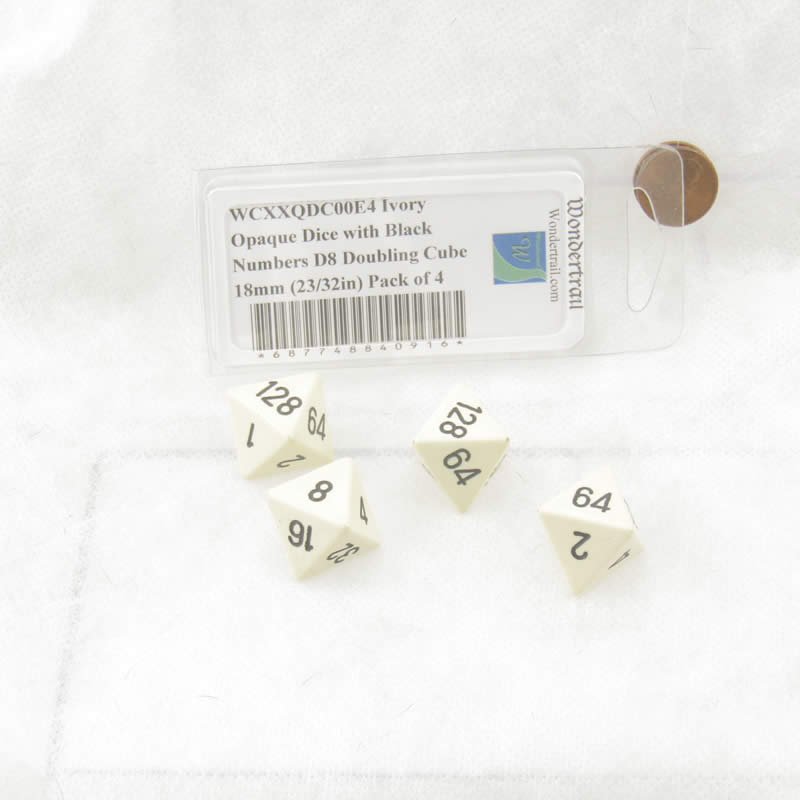 WCXXQDC00E4 Ivory Opaque Dice with Black Numbers D8 Doubling Cube 18mm (23/32in) Pack of 4