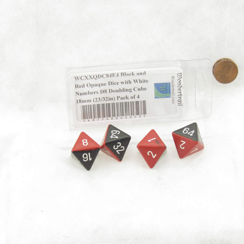WCXXQDC84E4 Black and Red Opaque Dice with White Numbers D8 Doubling Cube 18mm (23/32in) Pack of 4