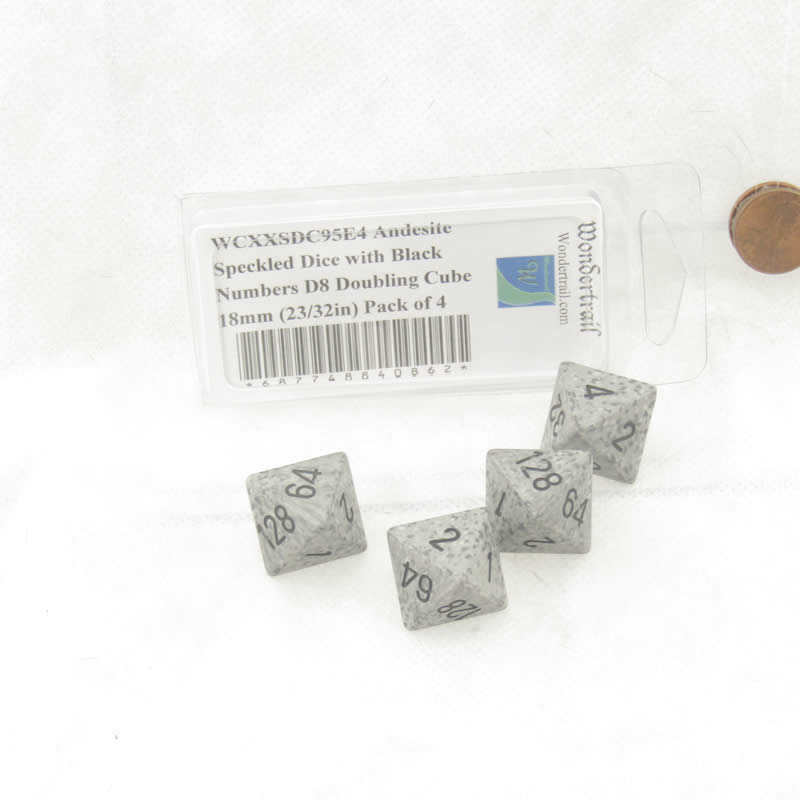 WCXXSDC95E4 Andesite Speckled Dice with Black Numbers D8 Doubling Cube 18mm (23/32in) Pack of 4