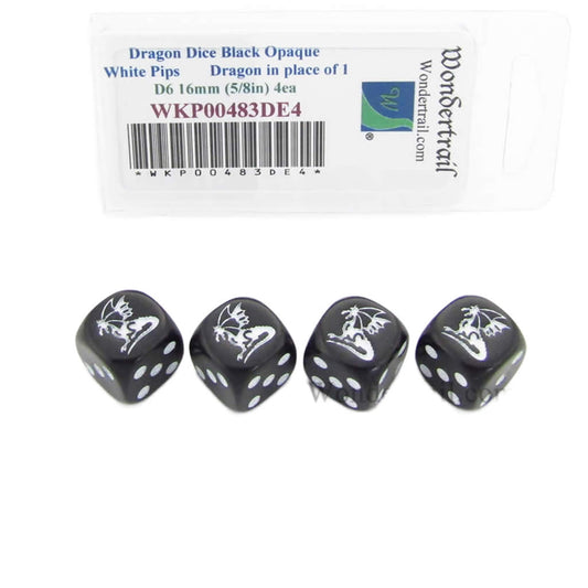WKP00483DE4 Dragon Dice Black Opaque with White Pips D6 16mm (5/8in) Set of 4 Dice