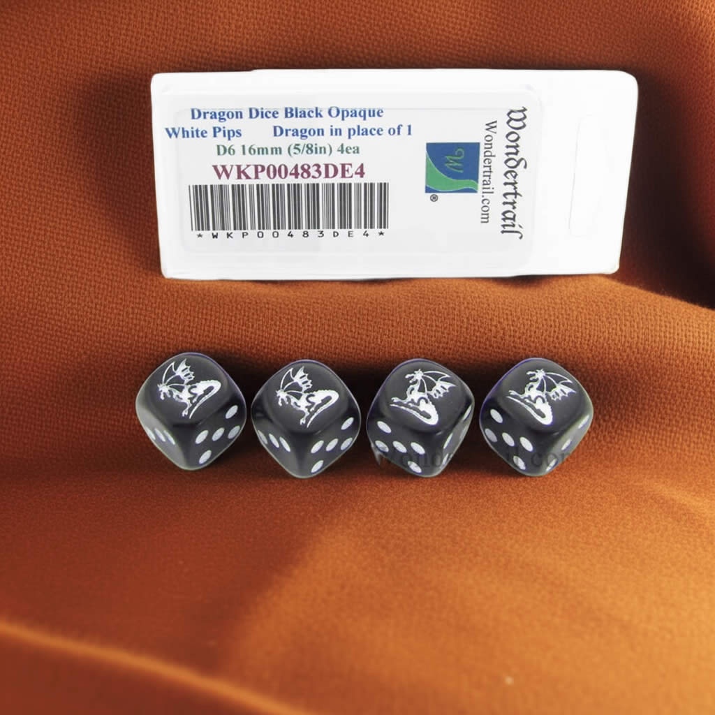 WKP00483DE4 Dragon Dice Black Opaque with White Pips D6 16mm (5/8in) Set of 4 Dice