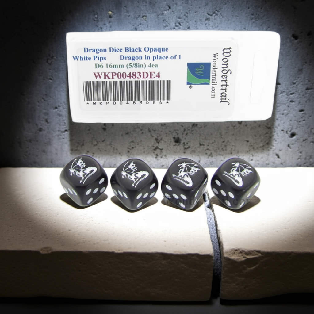 WKP00483DE4 Dragon Dice Black Opaque with White Pips D6 16mm (5/8in) Set of 4 Dice