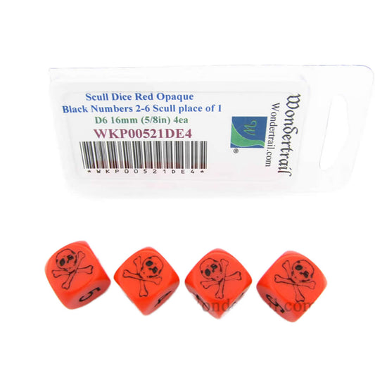 WKP00521DE4 Skull Dice Red Opaque with Black Numbers D6 16mm (5/8in) Set of 4 Dice