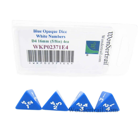 WKP02371E4 Blue Opaque Dice with White Numbers D4 16mm (5/8in) Pack of 4 Dice