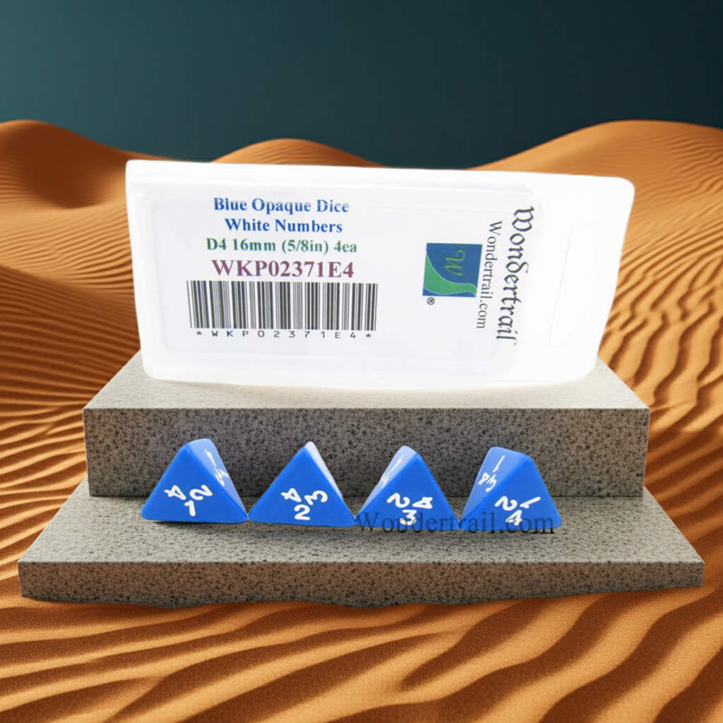 WKP02371E4 Blue Opaque Dice with White Numbers D4 16mm (5/8in) Pack of 4 Dice