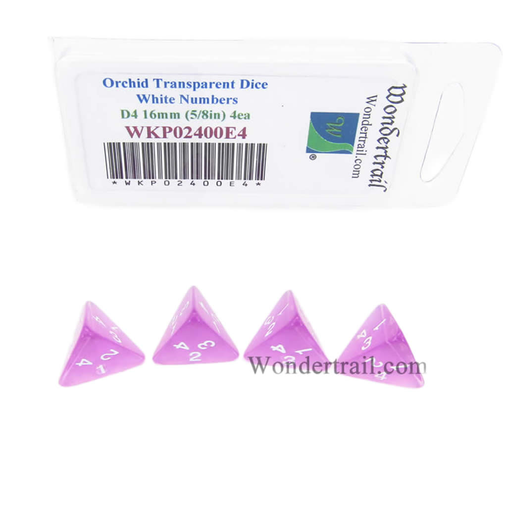 WKP02400E4 Orchid Transparent Dice with White Numbers D4 16mm (5/8in) Pack of 4 Dice