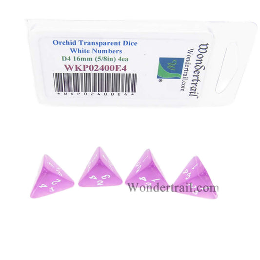 WKP02400E4 Orchid Transparent Dice with White Numbers D4 16mm (5/8in) Pack of 4 Dice