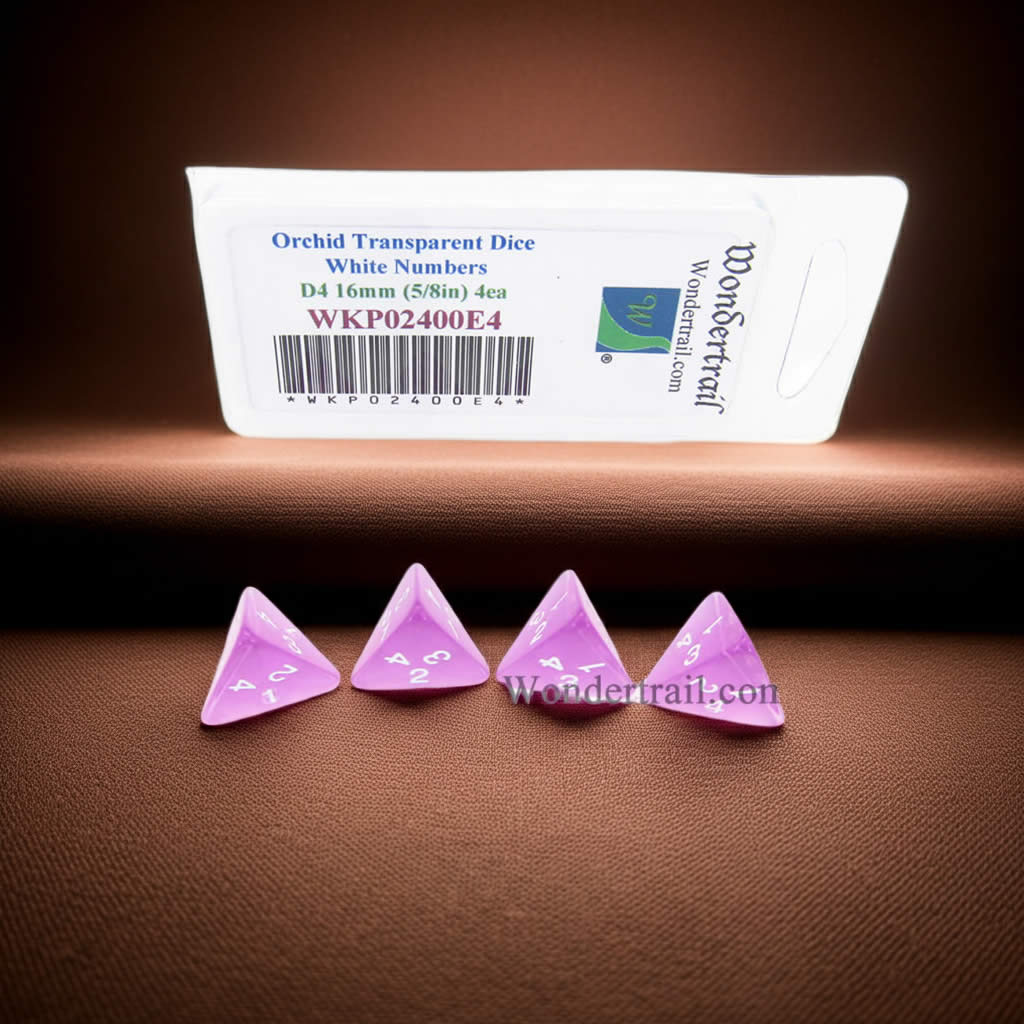 WKP02400E4 Orchid Transparent Dice with White Numbers D4 16mm (5/8in) Pack of 4 Dice