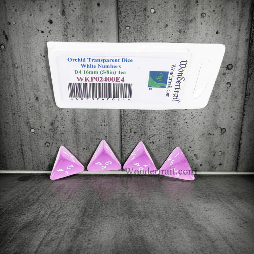 WKP02400E4 Orchid Transparent Dice with White Numbers D4 16mm (5/8in) Pack of 4 Dice