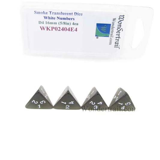WKP02404E4 Smoke Transparent Dice White Numbers D4 16mm Pack of 4