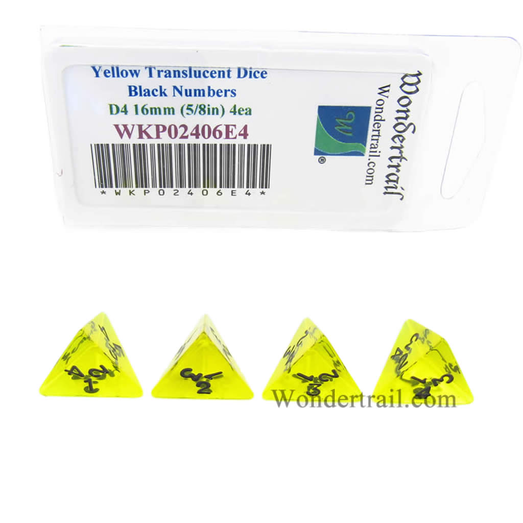 WKP02406E4 Yellow Transparent Dice Black Numbers D4 16mm Pack of 4