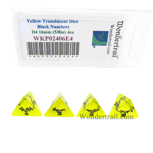 WKP02406E4 Yellow Transparent Dice Black Numbers D4 16mm Pack of 4