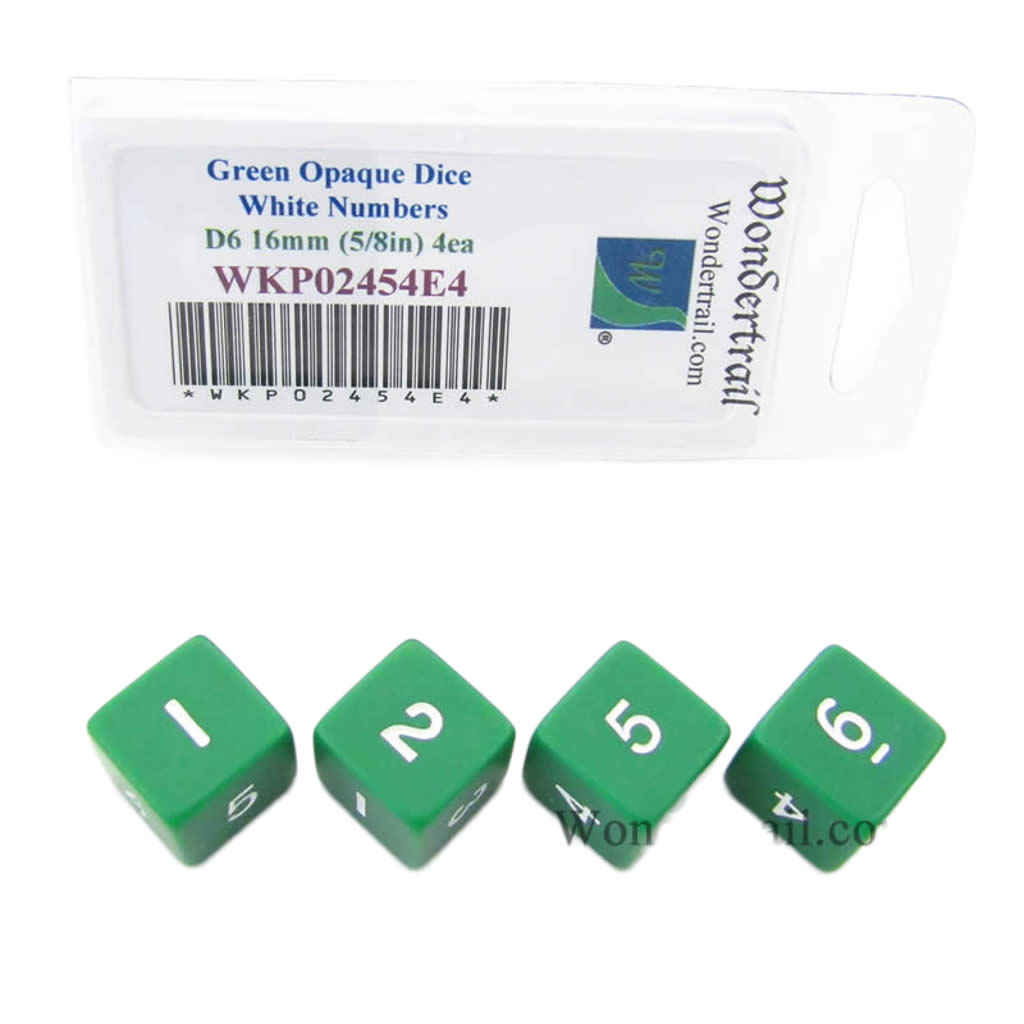 WKP02454E4 Green Opaque Dice with White Numbers D6 16mm (5/8in) Pack of 4 Dice