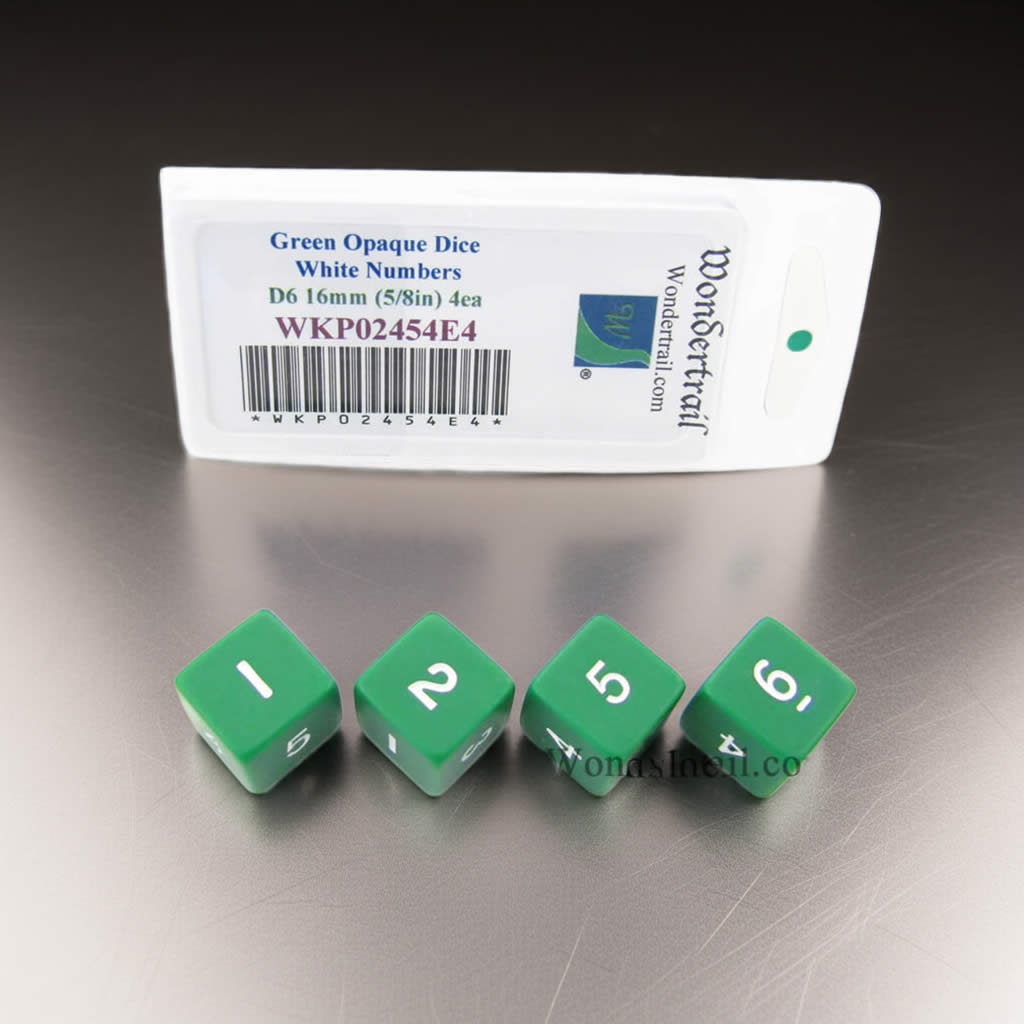 WKP02454E4 Green Opaque Dice with White Numbers D6 16mm (5/8in) Pack of 4 Dice